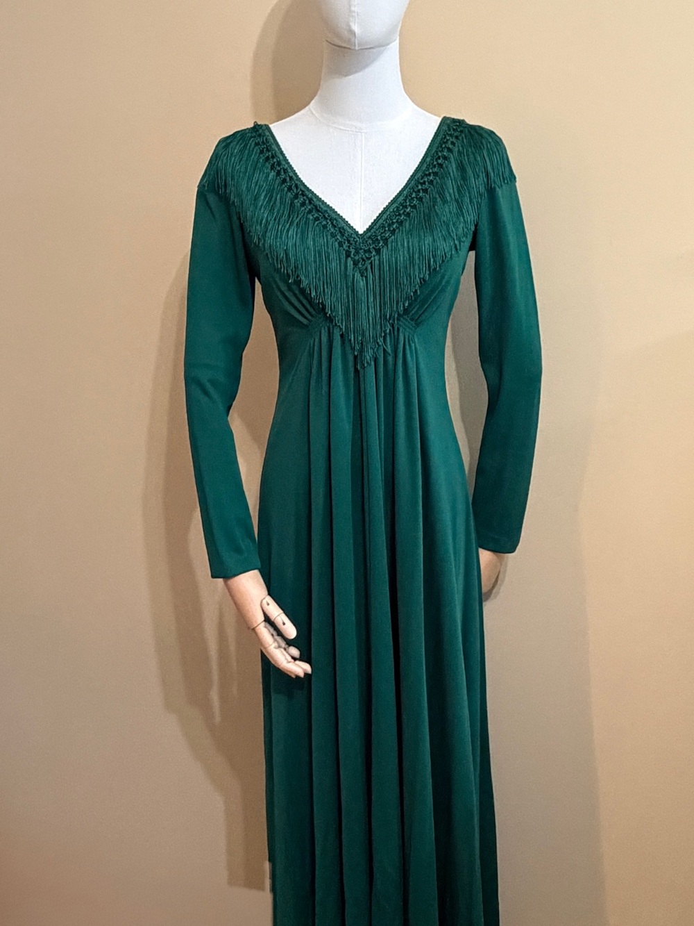 1970’s Deep Green Empire Waist Fringe V-Neck with Macrame Tassel Maxi Dress